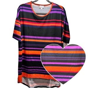 LulaRoe Irma Tunic Short Sleeve Stripes Pattern  Red Purple Black Orange Small